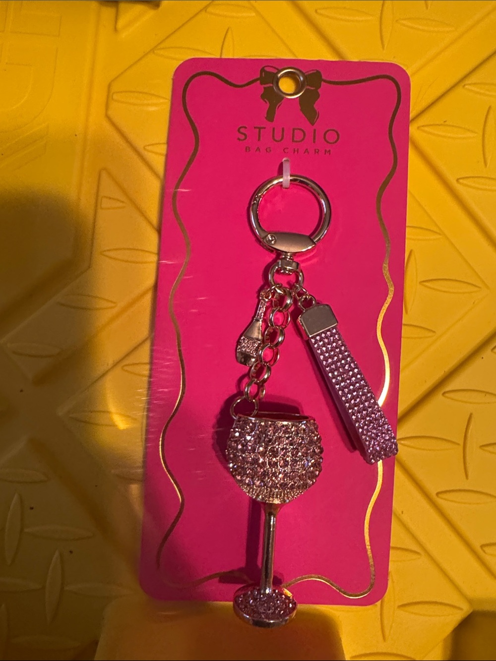 Studio Pink Rhinestone Wine Glass Keychain with Silver Hardware